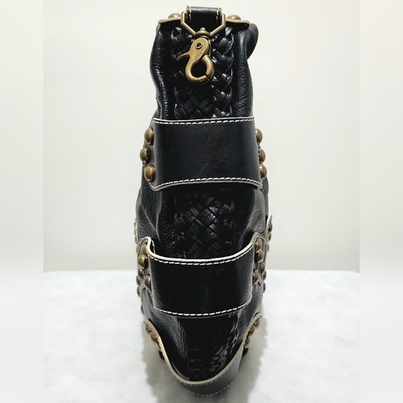 Isabella Fiore Black Leather Studded Braided Hobo Shoulder Bag Boho Western Chic - Picture 6 of 15